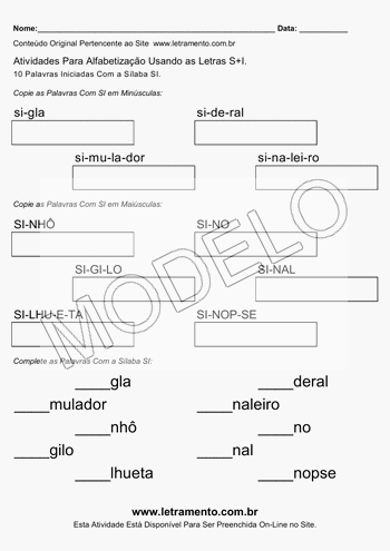 Atividade de Alfabetização Para Imprimir Com a Sílaba SI