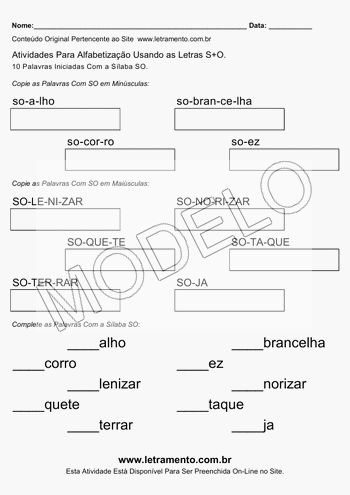 Atividade de Alfabetização Para Imprimir Com a Sílaba SO