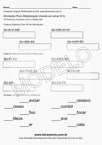 Atividade de Alfabetização Para Imprimir Com a Sílaba SU