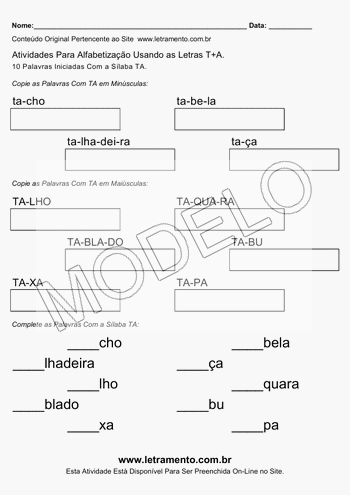 Atividade de Alfabetização Para Imprimir Com a Sílaba TA