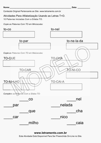 Atividade de Alfabetização Para Imprimir Com a Sílaba TO