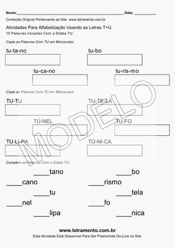 Atividade de Alfabetização Para Imprimir Com a Sílaba TU