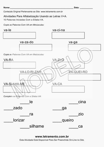 Atividade de Alfabetização Para Imprimir Com a Sílaba VA