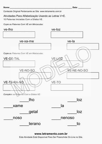 Atividade de Alfabetização Para Imprimir Com a Sílaba VE