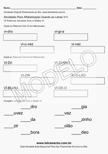 Atividade de Alfabetização Para Imprimir Com a Sílaba VI