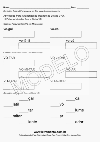 Atividade de Alfabetização Para Imprimir Com a Sílaba VO