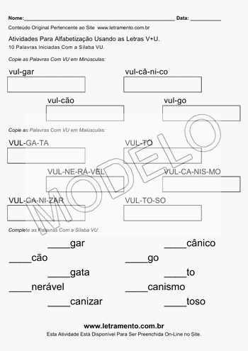 Atividade de Alfabetização Para Imprimir Com a Sílaba VU