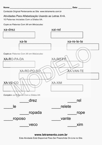 Atividade de Alfabetização Para Imprimir Com a Sílaba XA