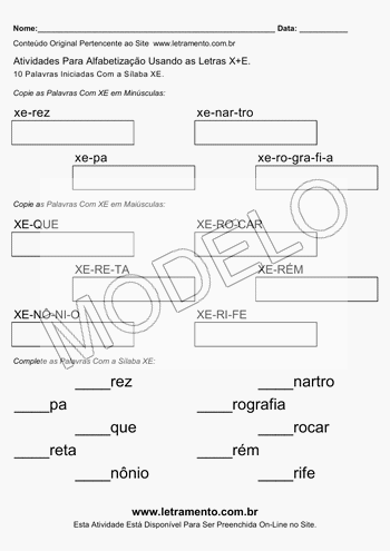 Atividade de Alfabetização Para Imprimir Com a Sílaba XE