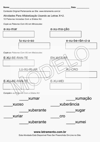 Atividade de Alfabetização Para Imprimir Com a Sílaba XU