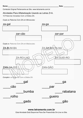 Atividade de Alfabetização Para Imprimir Com a Sílaba ZA