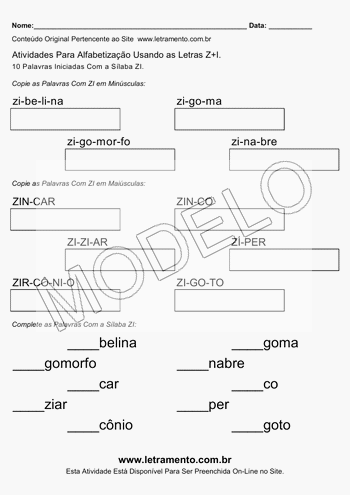 Atividade de Alfabetização Para Imprimir Com a Sílaba ZI