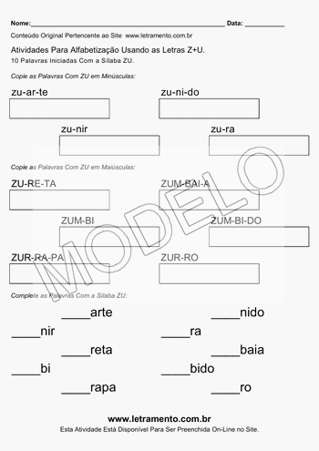 Atividade de Alfabetização Para Imprimir Com a Sílaba ZU