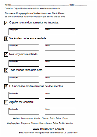 Atividade de Identificar Verbos e Conjugações