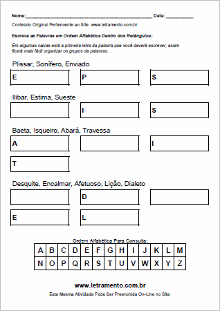 Atividade Para Imprimir de Colocar Palavras em Ordem Alfabética