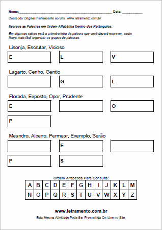 Atividade Para Imprimir de Colocar Palavras em Ordem Alfabética