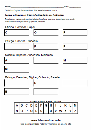 Atividade Para Imprimir de Colocar Palavras em Ordem Alfabética