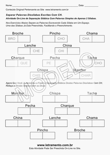 Atividades Para Imprimir Com Palavras Dissílabas Com CH