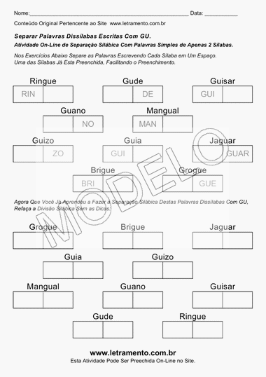 Atividades Para Imprimir Com Palavras Dissílabas Com GU