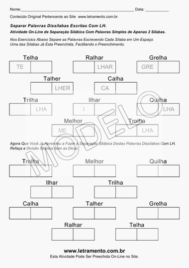 Atividades Para Imprimir Com Palavras Dissílabas Com LH