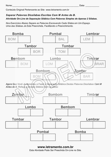 Atividades Para Imprimir Com Palavras Dissílabas Com M Antes do B
