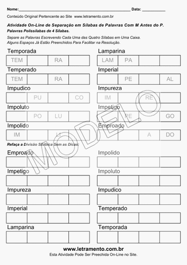 Atividade de Separar Sílabas de Palavras Polissílabas Escritas Com M Antes do P