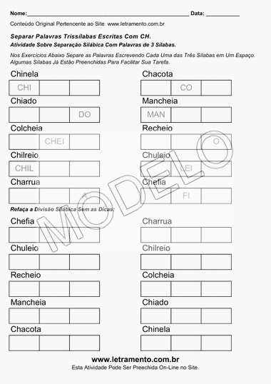 Atividade de Separar Sílabas de Palavras Trissílabas Escritas Com CH