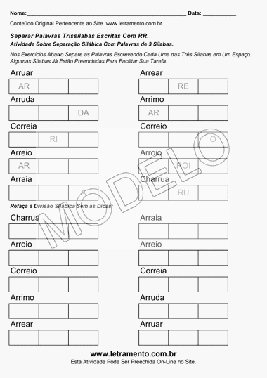 Atividade de Separar Sílabas de Palavras Trissílabas Escritas Com RR