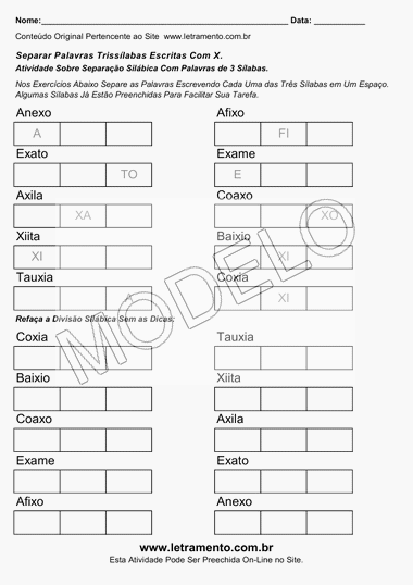 Atividade de Separar Sílabas de Palavras Trissílabas Escritas Com X