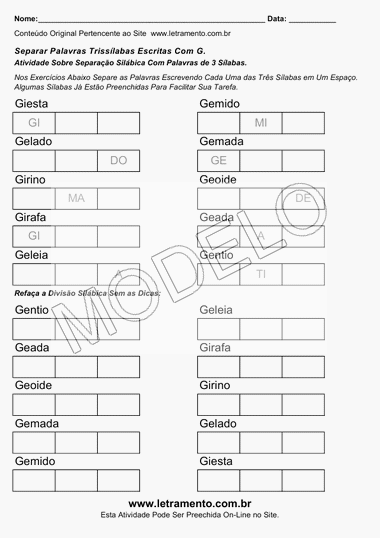 Atividade de Separar Sílabas de Palavras Trissílabas Escritas Com G