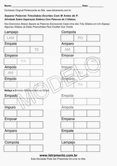 Atividade de Separar Sílabas de Palavras Trissílabas Escritas Com M Antes do P