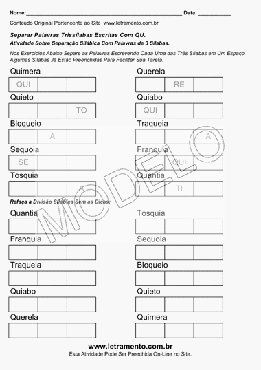 Atividade de Separar Sílabas de Palavras Trissílabas Escritas Com QU