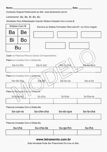 Atividade de Alfabetização Para Imprimir Sílabas Ba, Be, Bi, Bo, Bu