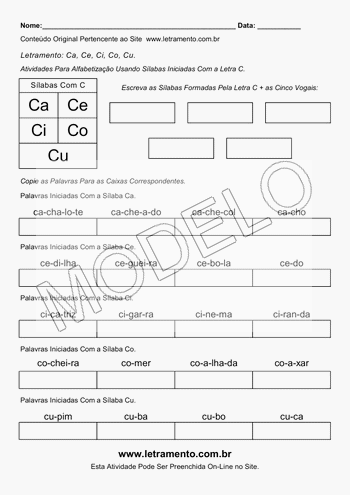 Atividade de Alfabetização Para Imprimir Sílabas Ca, Ce, Ci, Co, Cu