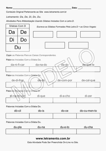 Atividade de Alfabetização Para Imprimir Sílabas Da, De, Di, Do, Du