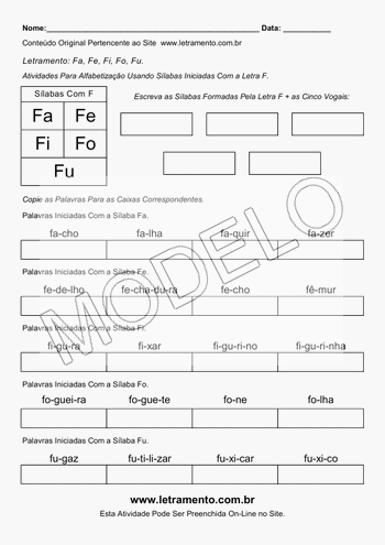 Atividade de Alfabetização Para Imprimir Sílabas Fa, Fe, Fi, Fo, Fu