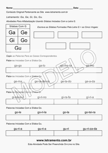 Atividade de Alfabetização Para Imprimir Sílabas Ga, Ge, Gi, Go, Gu