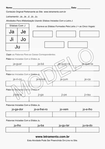 Atividade de Alfabetização Para Imprimir Sílabas Ja, Je, Ji, Jo, Ju