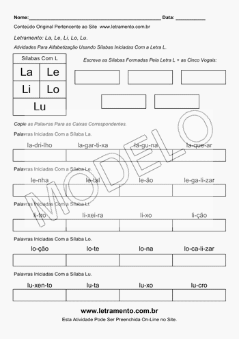 Atividade de Alfabetização Para Imprimir Sílabas La, Le, Li, Lo, Lu