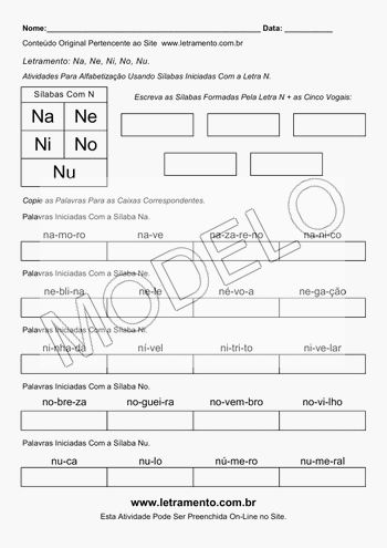 Atividade de Alfabetização Para Imprimir Sílabas Na, Ne, Ni, No, Nu