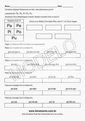 Atividade de Alfabetização Para Imprimir Sílabas Pa, Pe, Pi, Po, Pu