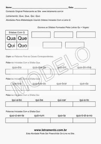 Atividade de Alfabetização Para Imprimir Sílabas Qua, Que, Qui, Quo