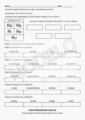 Atividade de Alfabetização Para Imprimir Sílabas Ra, Re, Ri, Ro, Ru