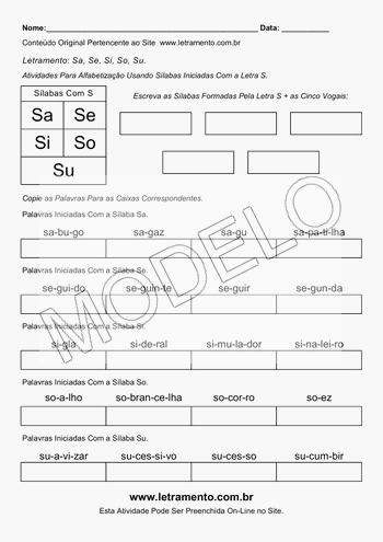 Atividade de Alfabetização Para Imprimir Sílabas Sa, Se, Si, Sa, Su