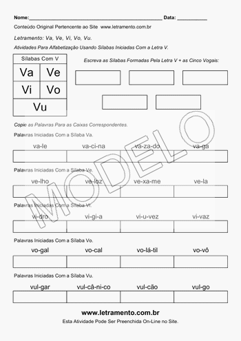 Atividade de Alfabetização Para Imprimir Sílabas Va, Ve, Vi, Vo, Vu