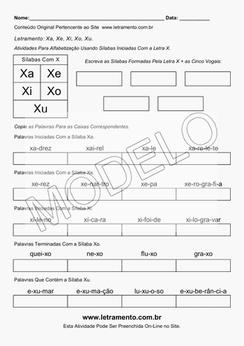 Atividade de Alfabetização Para Imprimir Sílabas Xa, Xe, Xi, Xo, Xu