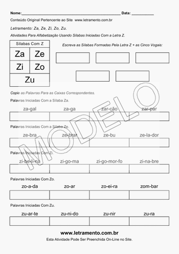 Atividade de Alfabetização Para Imprimir Sílabas Za, Ze, Zi, Zo, Zu